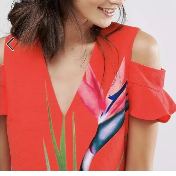Ted Baker Leea Orange Colorful Floral Print Cold Shoulder Dress Size 2 V Neck - Picture 10 of 12